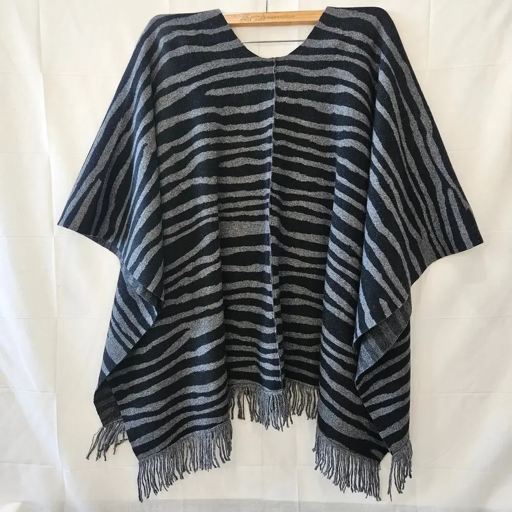 7 For All Mankind Cashmere Wool Zebra Fringe Poncho Gray Black Size OS
